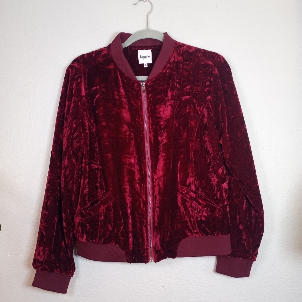 Kensie Crushed Velvet Burgundy Maroon Whimsigoth Casual Zip Up Bomber Jacket